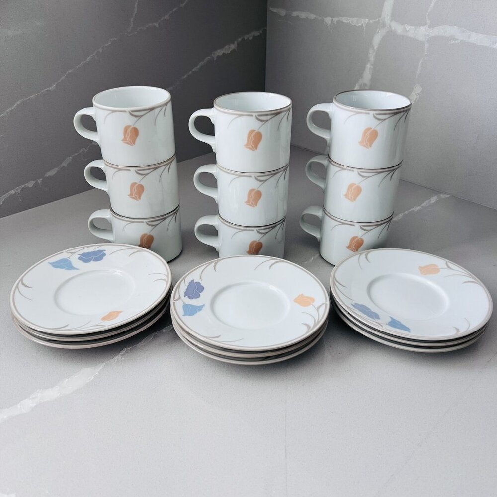 Dansk Set Of 9 Tivoli Belles Fleurs Cups Mugs Saucers Floral Japan Contemporary